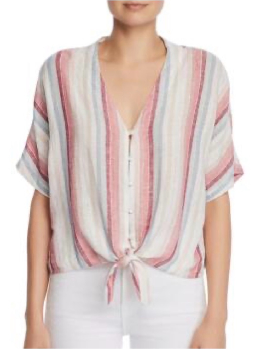 Rails Striped Button-Front Tie Hem Top in Pink and Cream